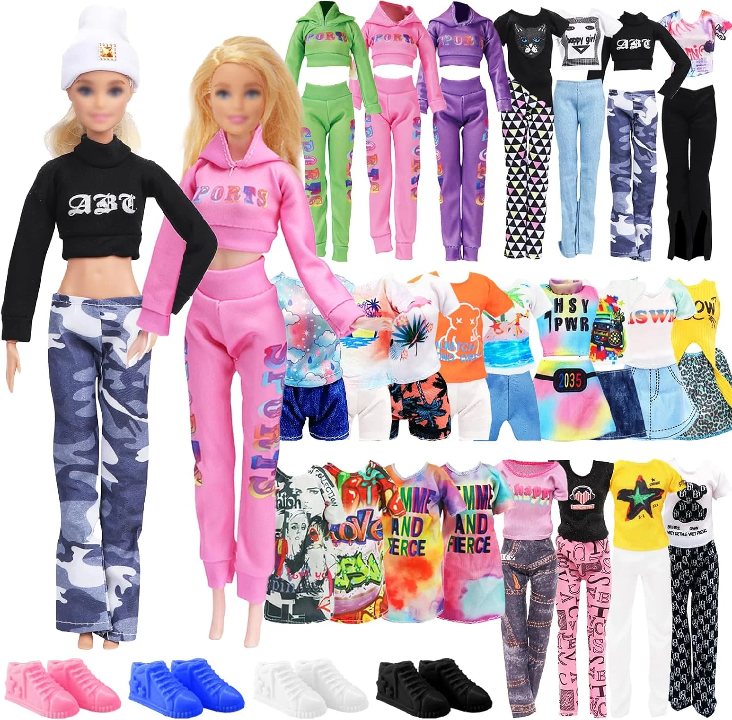 22 تکه لباس و لوازم جانبی عروسک، 1 هودی، 9 تی شرت، 2 دامن کوتاه، 4 شورت، 1 شلوار بلند، 4 کفش تخت، 1 کلاه، لباس های خیابانی آمریکایی سازگار با عروسک های 11.5 اینچی، هدیه دخترانه به صورت تصادفی 22 تکه لباس و لوازم جانبی عروسک، 1 هودی، 9 تی شرت، 2 دامن کوتاه، 4 شورت، 1 شلوار بلند، 4 کفش تخت، 1 کلاه، لباس های خیابانی آمریکایی سازگار با عروسک های 11.5 اینچی، هدیه دخترانه به صورت تصادفی