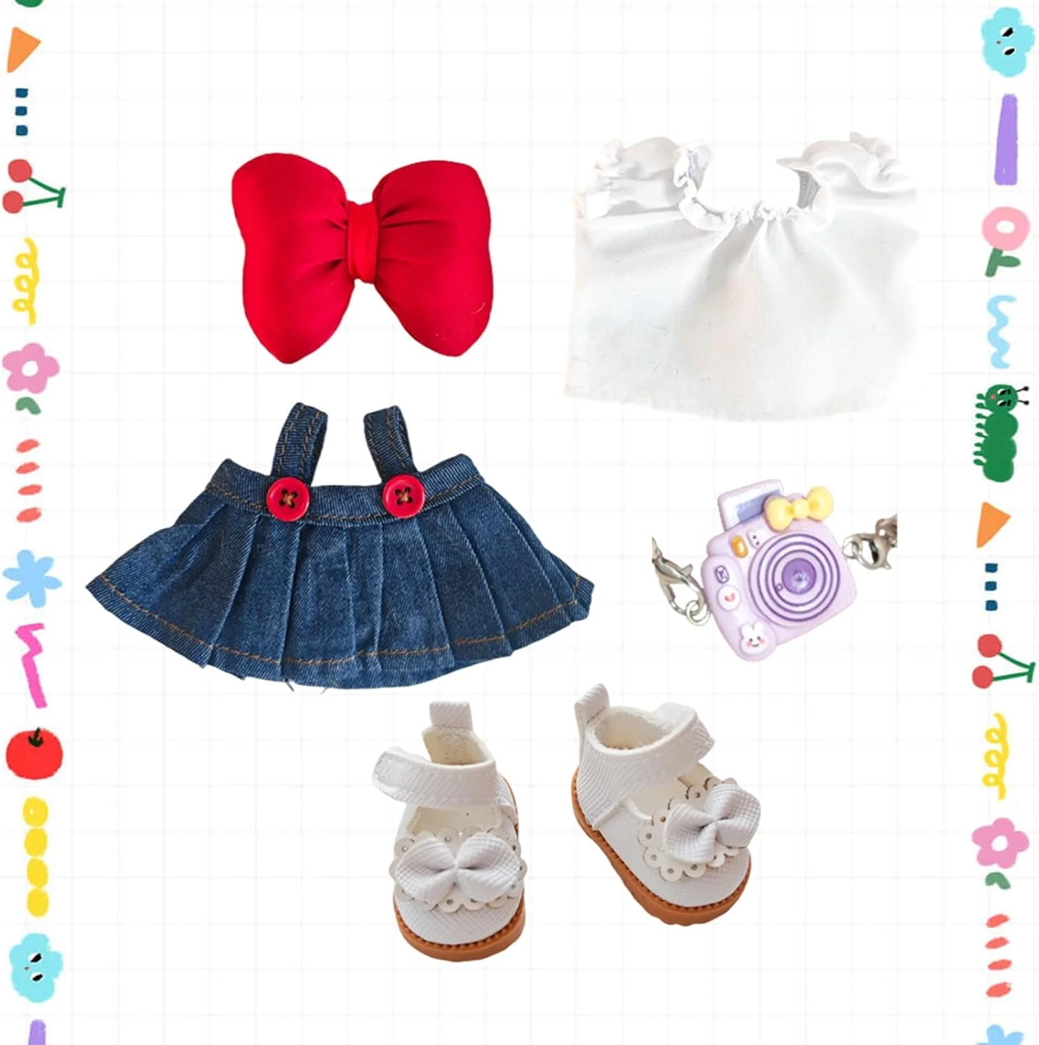 ست لباس 5 تکه برای عروسک لابوبو شامل لباس، شلوار، کفش، گیره سر و دوربین - استایل خنک و غیر رسمی برای عروسک های 17 سانتی متری (عروسک شامل نمی شود) ست لباس 5 تکه برای عروسک لابوبو شامل لباس، شلوار، کفش، گیره سر و دوربین - استایل خنک و غیر رسمی برای عروسک های 17 سانتی متری (عروسک شامل نمی شود)