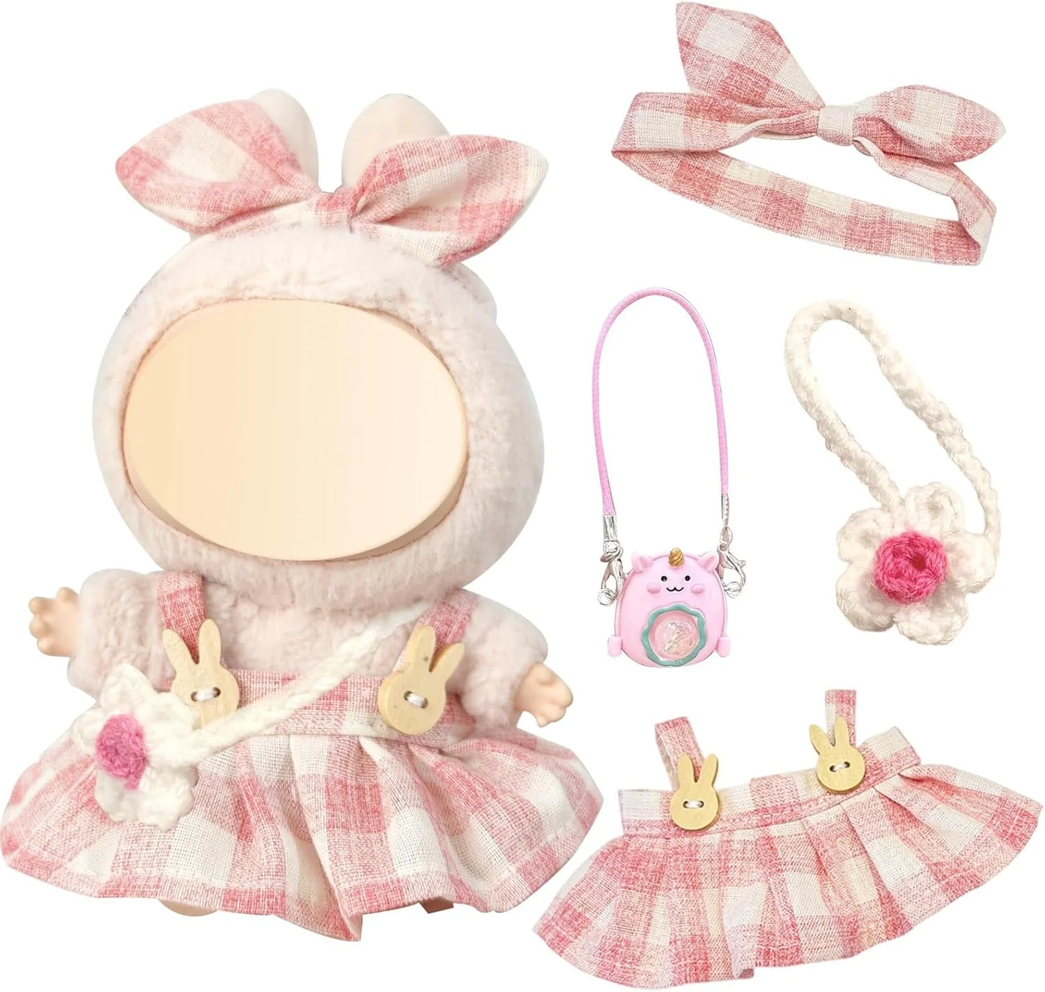 ست لباس عروسک TERRIFI برای لابوبو، شامل 4 تکه - لباس DIY عروسک 17 سانتی متری برای عروسک های لابوبوس، دامن پیشبندی چهارخانه صورتی با کیف گلدار، لباس و لوازم جانبی عروسکی مخمل خواب دار شایان ستایش، لباس زیبا برای هدیه دختران و پسران