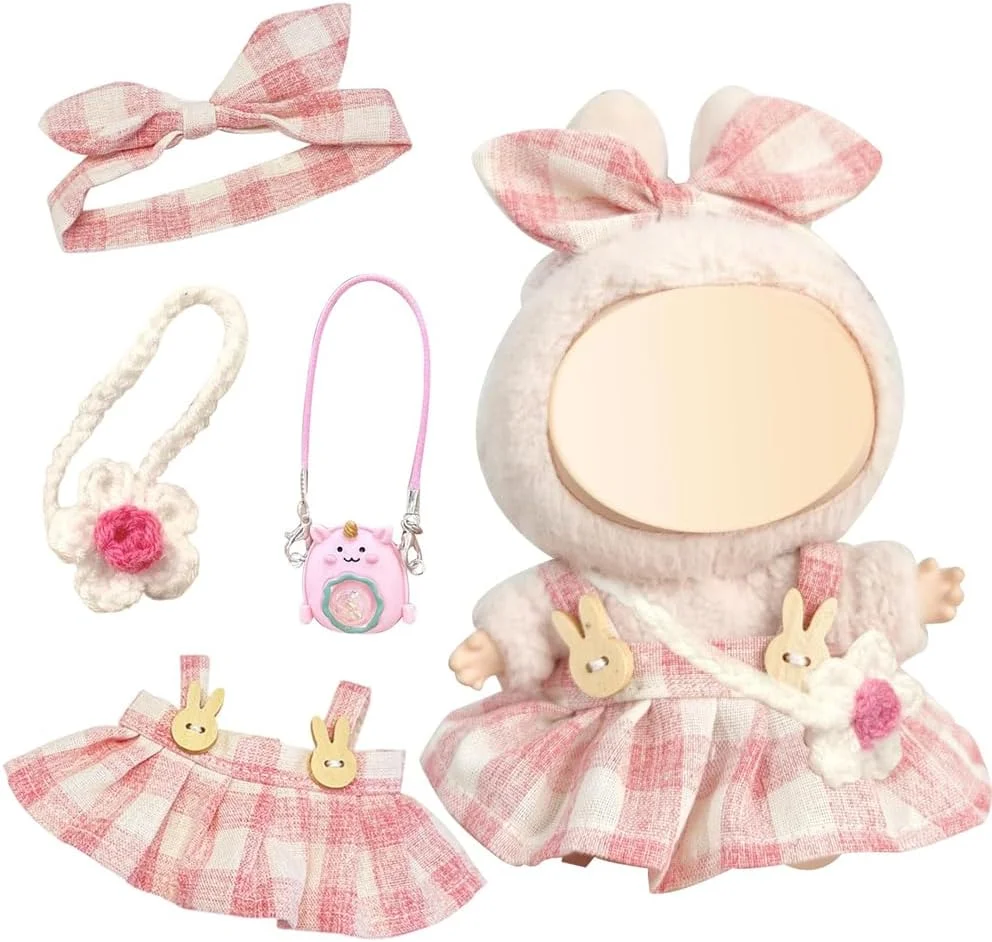 لباس عروسک آزون مناسب عروسک های 17 سانتی متری لابوبو، 4 تکه دامن پیشبندی چهارخانه صورتی با کیف گلدار، لباس و لوازم جانبی عروسک پولیشی، لباس زیبا و شیرین برای هدیه دختران و پسران (بدون عروسک)