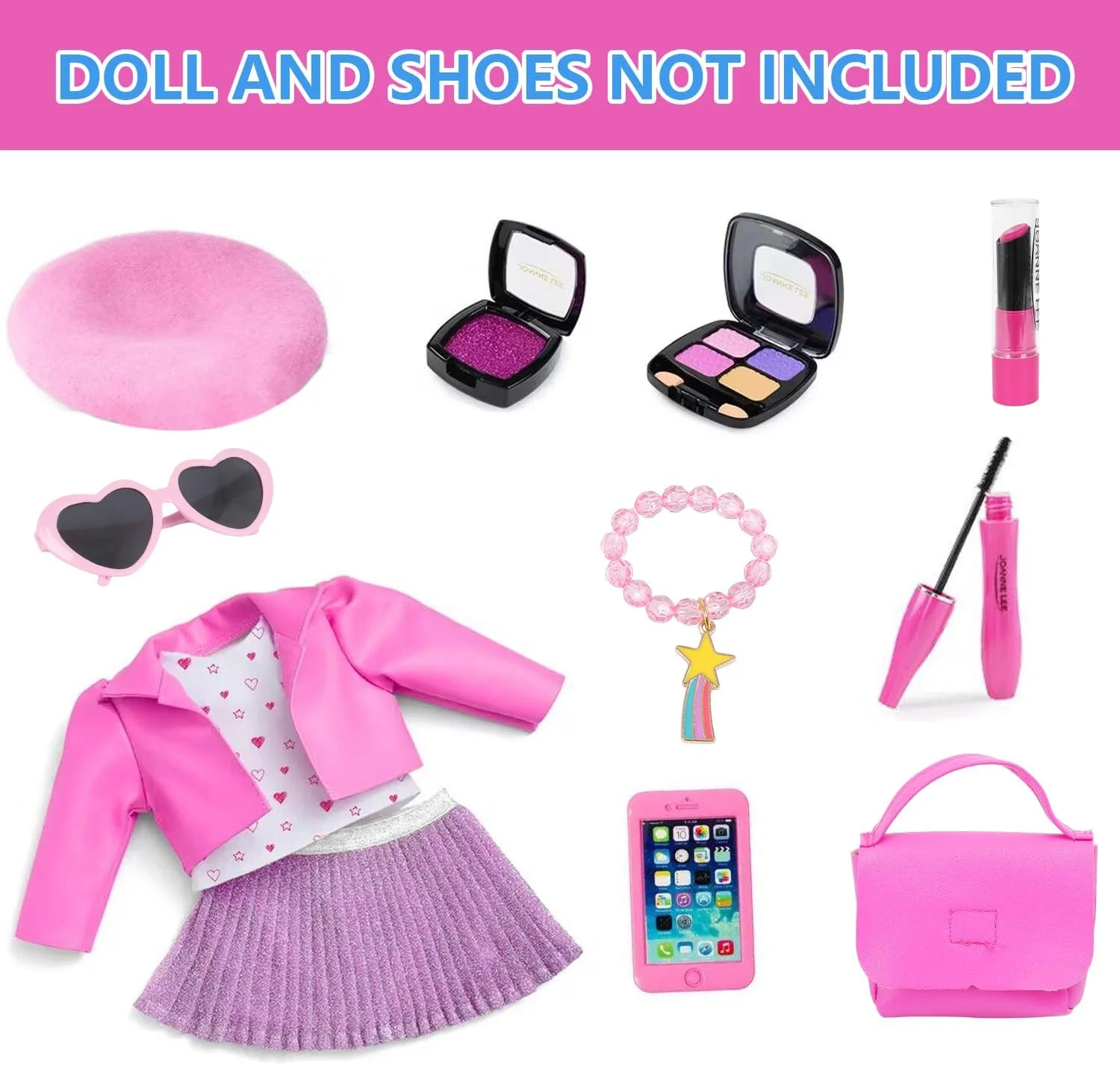 لوازم آرایش و لباس عروسک 18 اینچی آمریکایی، ست کیف دستی برای عروسک های 18 اینچی شامل کلاه بره، لباس، عینک آفتابی، تلفن، سایه چشم، رژ لب، رژگونه، دستبند، برس مژه، اسباب بازی (عروسک و کفش شامل نمی شود)