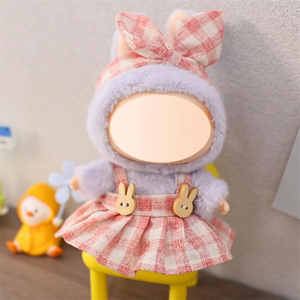 لباس عروسک آزون مناسب عروسک های 17 سانتی متری لابوبو، 4 تکه دامن پیشبندی چهارخانه صورتی با کیف گلدار، لباس و لوازم جانبی عروسک پولیشی، لباس زیبا و شیرین برای هدیه دختران و پسران (بدون عروسک)