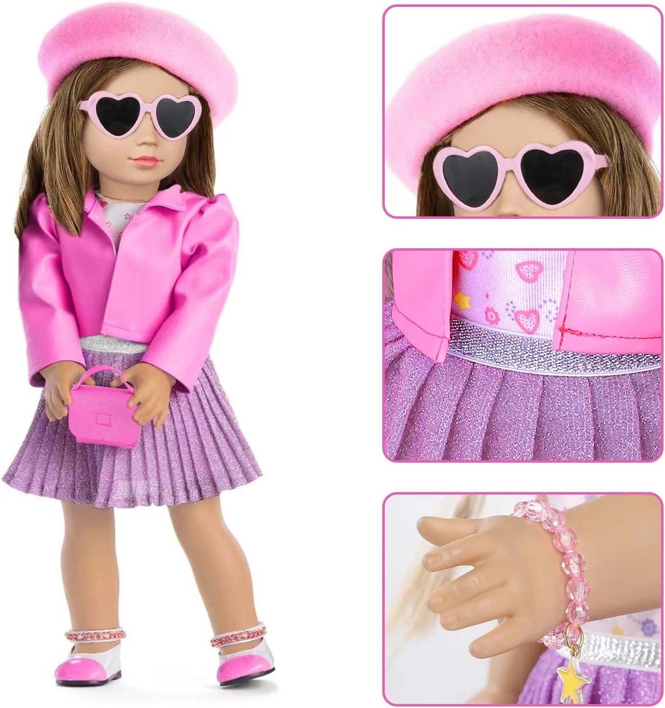 لوازم آرایش و لباس عروسک 18 اینچی آمریکایی، ست کیف دستی برای عروسک های 18 اینچی شامل کلاه بره، لباس، عینک آفتابی، تلفن، سایه چشم، رژ لب، رژگونه، دستبند، برس مژه، اسباب بازی (عروسک و کفش شامل نمی شود)