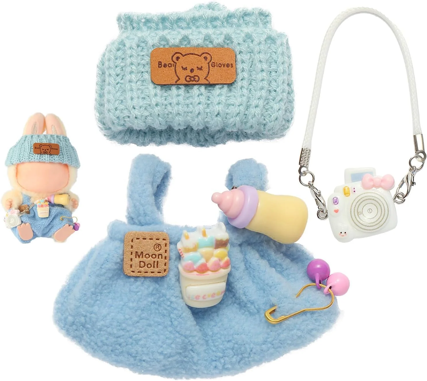 ست 3 عددی لباس عروسک 17 سانتی متری - لباس برای لباس عروسک - لوازم جانبی برای لباس عروسک 17 سانتی متری + کلاه + دوربین کوچک (بدون عروسک) (آبی)