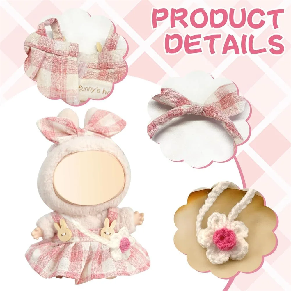 لباس عروسک آزون مناسب عروسک های 17 سانتی متری لابوبو، 4 تکه دامن پیشبندی چهارخانه صورتی با کیف گلدار، لباس و لوازم جانبی عروسک پولیشی، لباس زیبا و شیرین برای هدیه دختران و پسران (بدون عروسک)