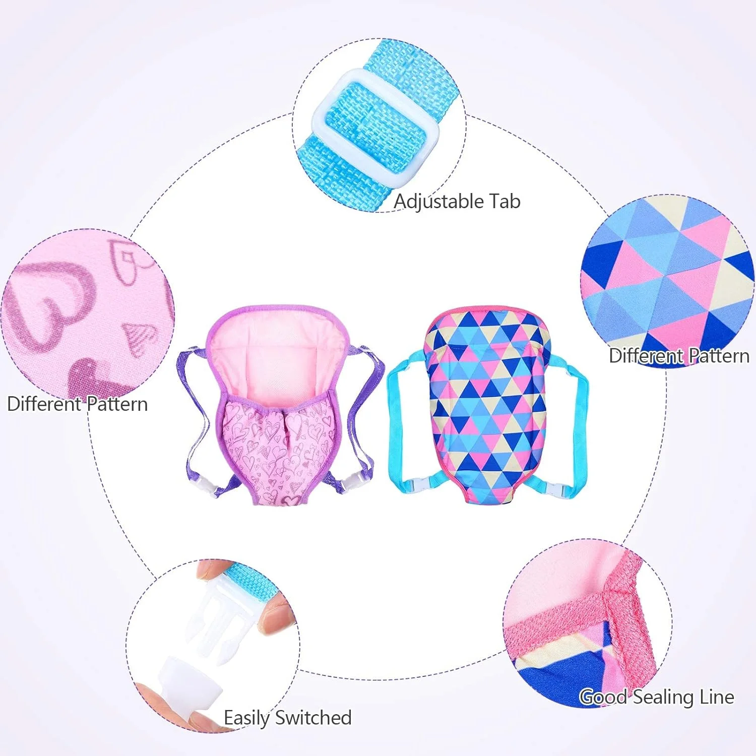 MAKINGTEC 2 عدد کوله پشتی حامل عروسک، کیف های قابل حمل عروسک، کیف های جلویی حامل عروسک با بند، لوازم جانبی عروسک مناسب برای عروسک های 14 تا 18 اینچی (طرح هندسی و قلبی)