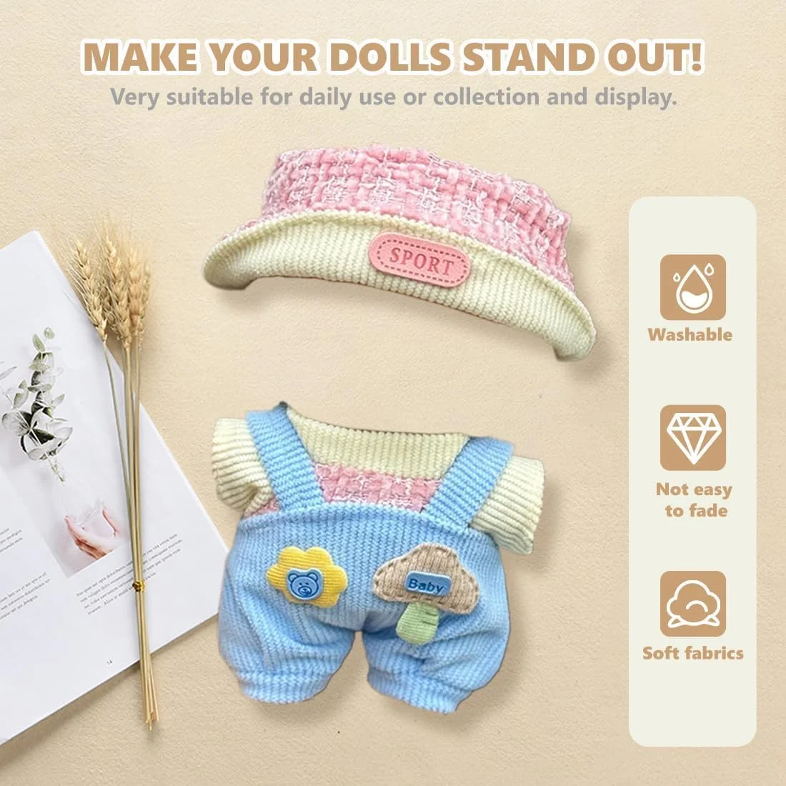 ست لباس 3 تکه برای عروسک لابوبو نسل 1/2/3، لباس بافتنی برای عروسک لابوبو، شامل کلاه صورتی، پیشبند و پیراهن صورتی (عروسک شامل نمی شود)