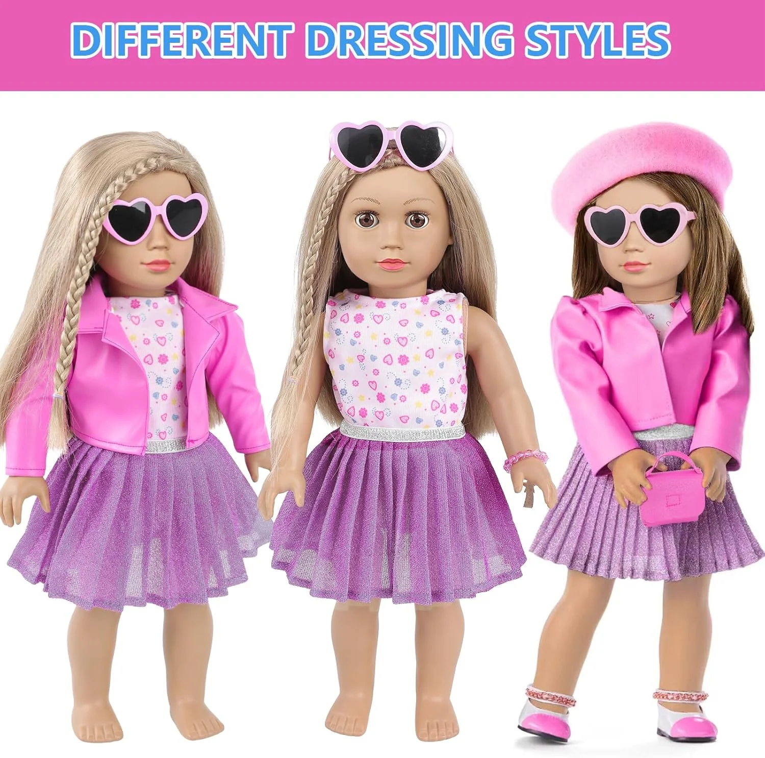لوازم آرایش و لباس عروسک 18 اینچی آمریکایی، ست کیف دستی برای عروسک های 18 اینچی شامل کلاه بره، لباس، عینک آفتابی، تلفن، سایه چشم، رژ لب، رژگونه، دستبند، برس مژه، اسباب بازی (عروسک و کفش شامل نمی شود)