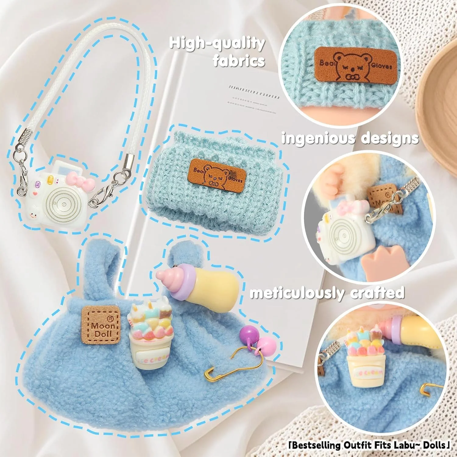 ست 3 عددی لباس عروسک 17 سانتی متری - لباس برای لباس عروسک - لوازم جانبی برای لباس عروسک 17 سانتی متری + کلاه + دوربین کوچک (بدون عروسک) (آبی)