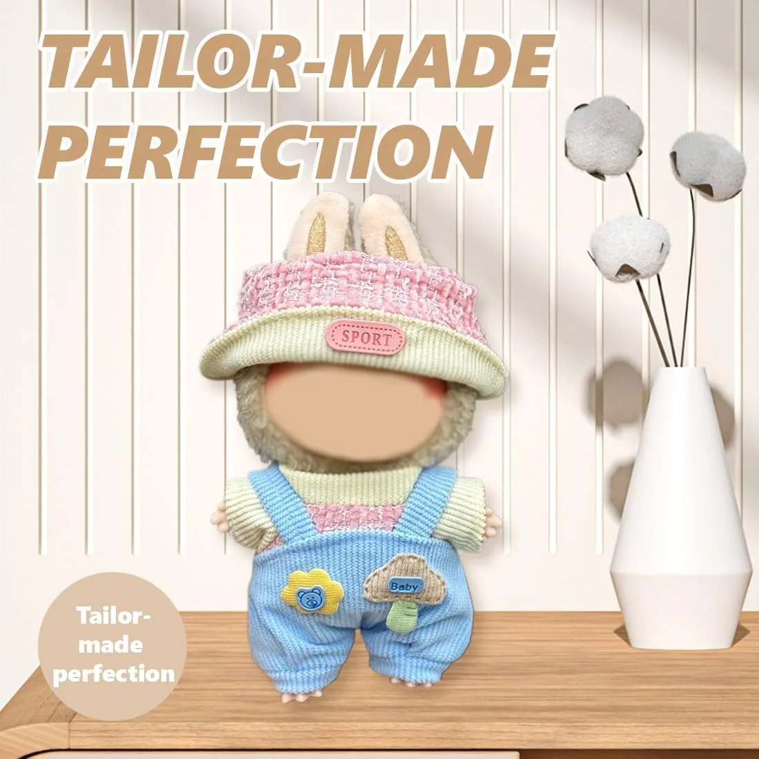 ست لباس 3 تکه برای عروسک لابوبو نسل 1/2/3، لباس بافتنی برای عروسک لابوبو، شامل کلاه صورتی، پیشبند و پیراهن صورتی (عروسک شامل نمی شود)