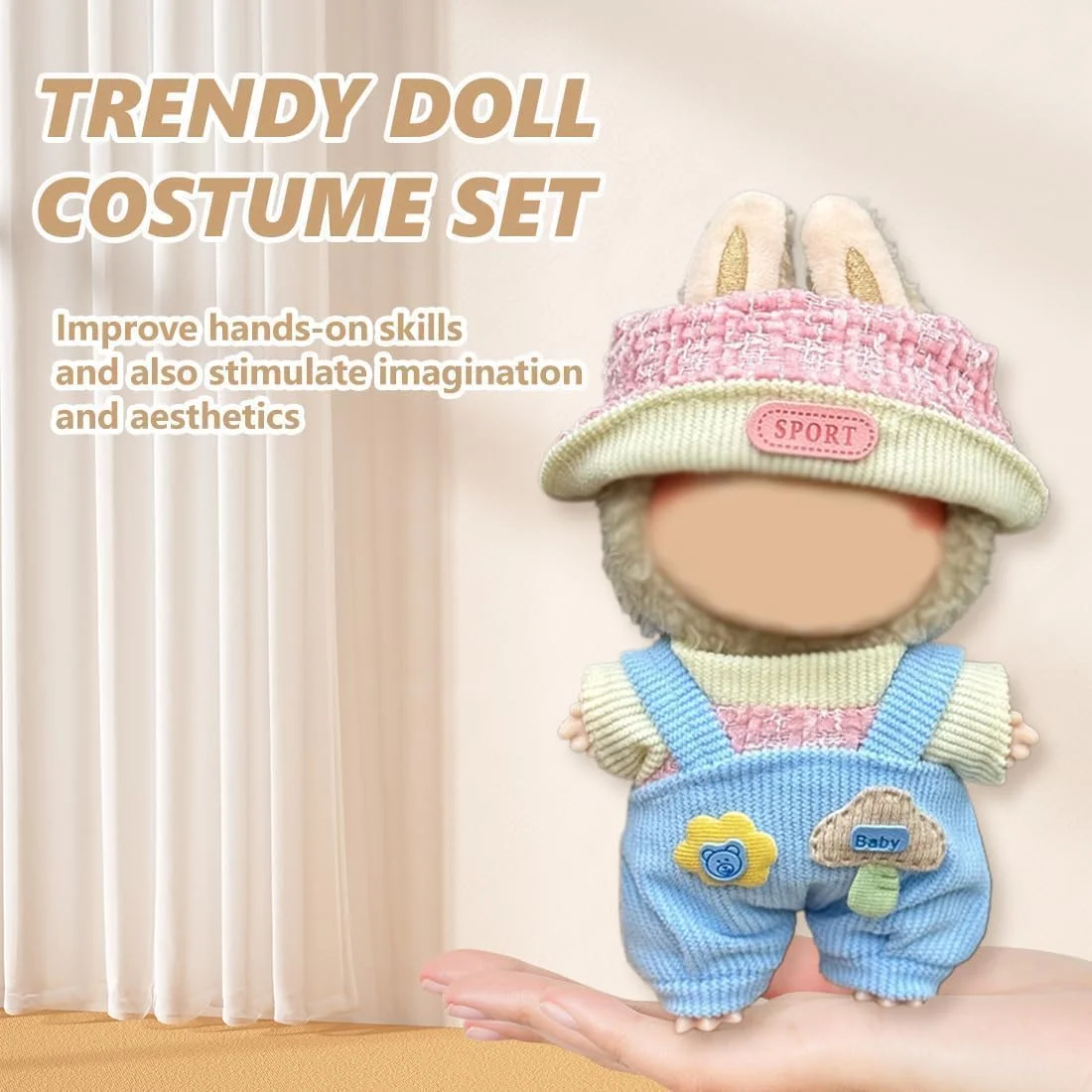 ست لباس 3 تکه برای عروسک لابوبو نسل 1/2/3، لباس بافتنی برای عروسک لابوبو، شامل کلاه صورتی، پیشبند و پیراهن صورتی (عروسک شامل نمی شود)