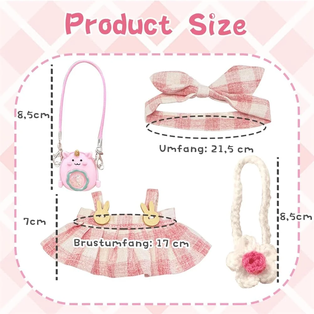 لباس عروسک آزون مناسب عروسک های 17 سانتی متری لابوبو، 4 تکه دامن پیشبندی چهارخانه صورتی با کیف گلدار، لباس و لوازم جانبی عروسک پولیشی، لباس زیبا و شیرین برای هدیه دختران و پسران (بدون عروسک)