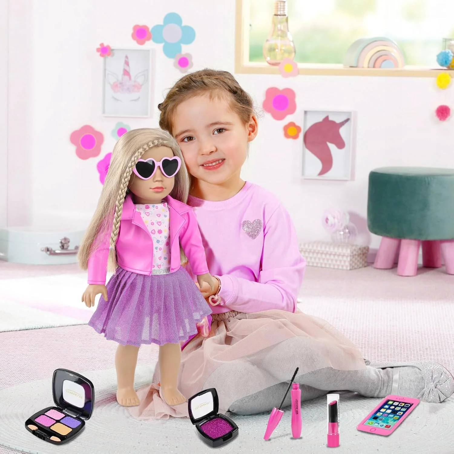 لوازم آرایش و لباس عروسک 18 اینچی آمریکایی، ست کیف دستی برای عروسک های 18 اینچی شامل کلاه بره، لباس، عینک آفتابی، تلفن، سایه چشم، رژ لب، رژگونه، دستبند، برس مژه، اسباب بازی (عروسک و کفش شامل نمی شود)