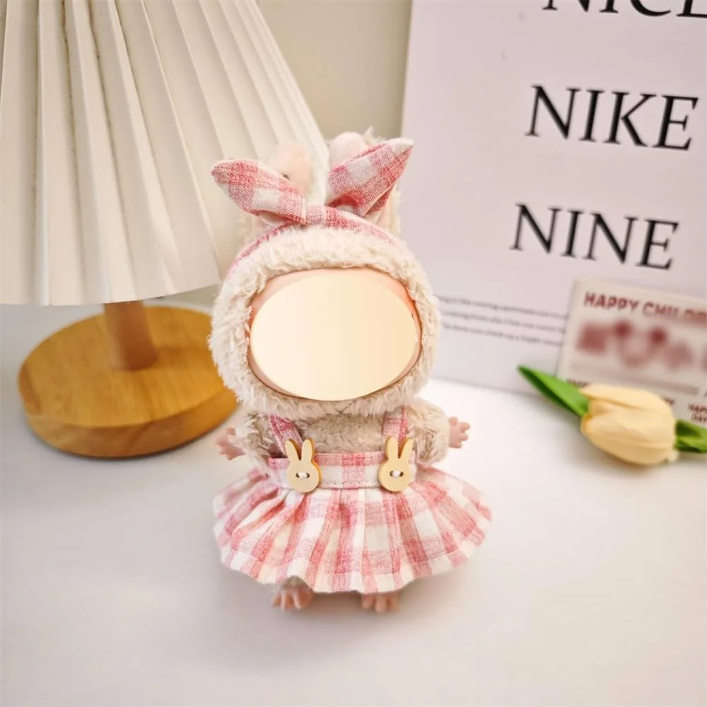 لباس عروسک آزون مناسب عروسک های 17 سانتی متری لابوبو، 4 تکه دامن پیشبندی چهارخانه صورتی با کیف گلدار، لباس و لوازم جانبی عروسک پولیشی، لباس زیبا و شیرین برای هدیه دختران و پسران (بدون عروسک)