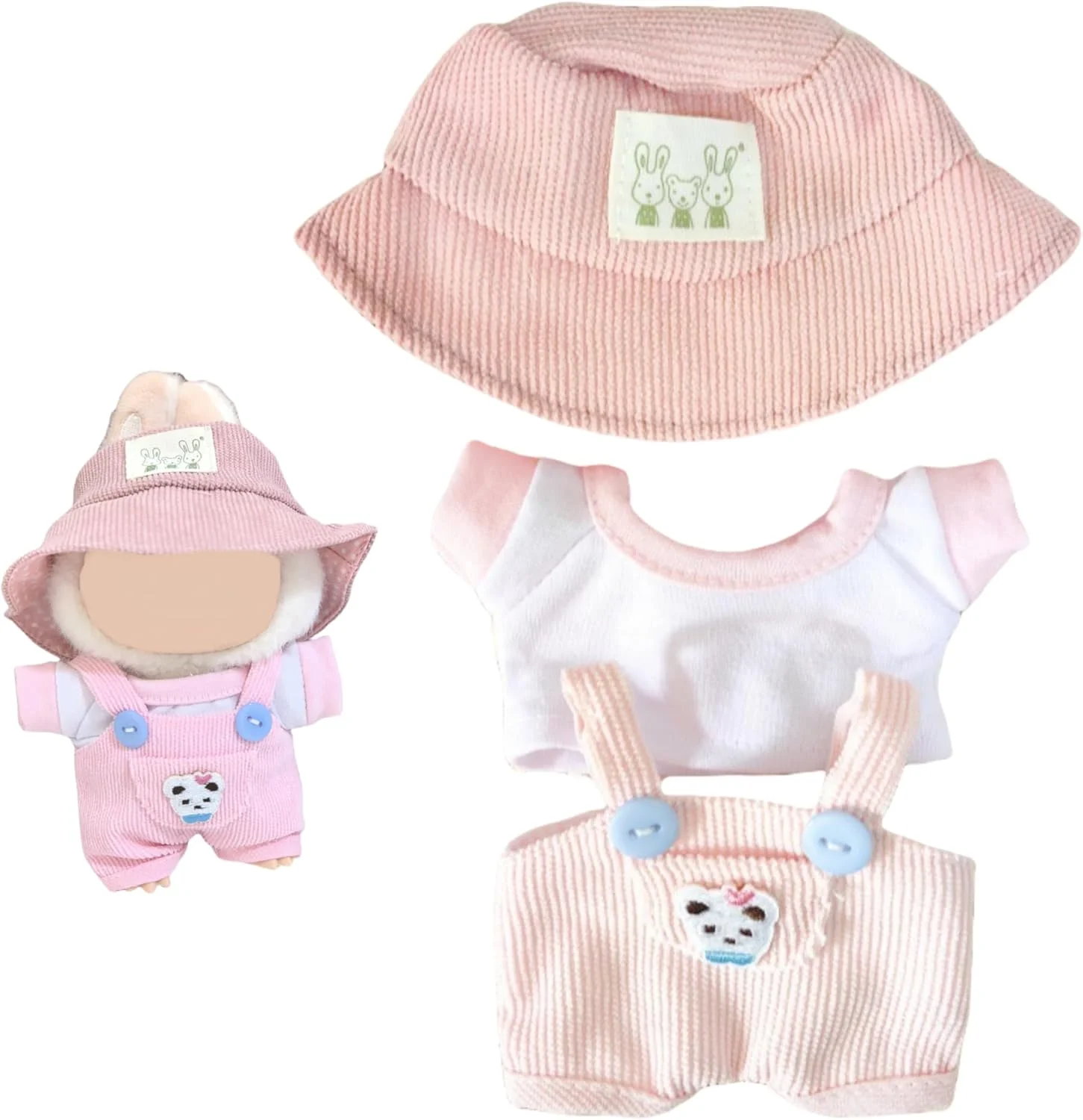 ست لباس عروسک 17 سانتی متری - شلوار پیشبندی خرسی، کلاه، ست 3 تکه، (بدون عروسک) لباس های زیبا برای لباس پوشیدن با استایل منحصر به فرد (صورتی)