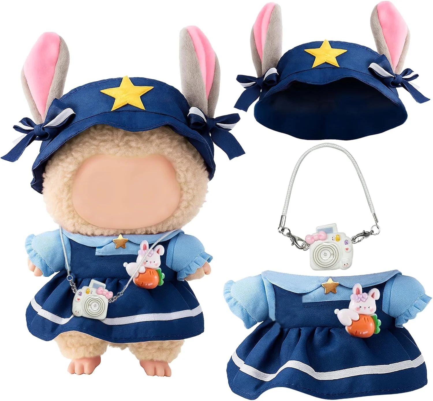 ست لباس سه تکه توییت برای عروسک لابوبو، شامل پیراهن توییت، کلاه و کیف کوچک، سبک کژوال شیک برای عروسک های 17 سانتی متری (آبی)