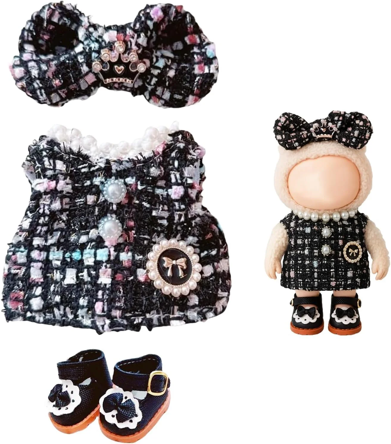 ست لباس عروسک 3 تکه KASTWAVE برای عروسک پولیشی لابوبو، شامل گیره موی پاپیونی، کت و کفش، مناسب برای عروسک های 17 سانتی متری (5.91-6.7 اینچ)، هدیه لوازم جانبی عروسک برای پسران و دختران (بدون عروسک)