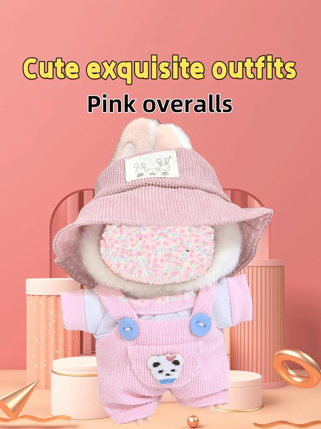 ست لباس عروسک 17 سانتی متری - شلوار پیشبندی خرسی، کلاه، ست 3 تکه، (بدون عروسک) لباس های زیبا برای لباس پوشیدن با استایل منحصر به فرد (صورتی)