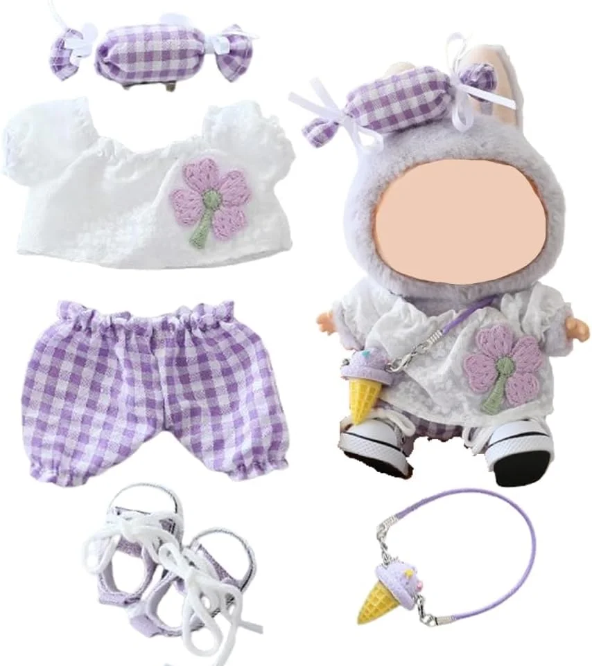 ست لباس تابستانی 5 تکه برای عروسک های لابوبو (15 و 17 سانتی متر) - لباس بنفش با طرح آب نبات شبدر چهار برگ، لباس و لوازم جانبی جایگزین دوست داشتنی ست لباس تابستانی 5 تکه برای عروسک های لابوبو (15 و 17 سانتی متر) - لباس بنفش با طرح آب نبات شبدر چهار برگ، لباس و لوازم جانبی جایگزین دوست داشتنی