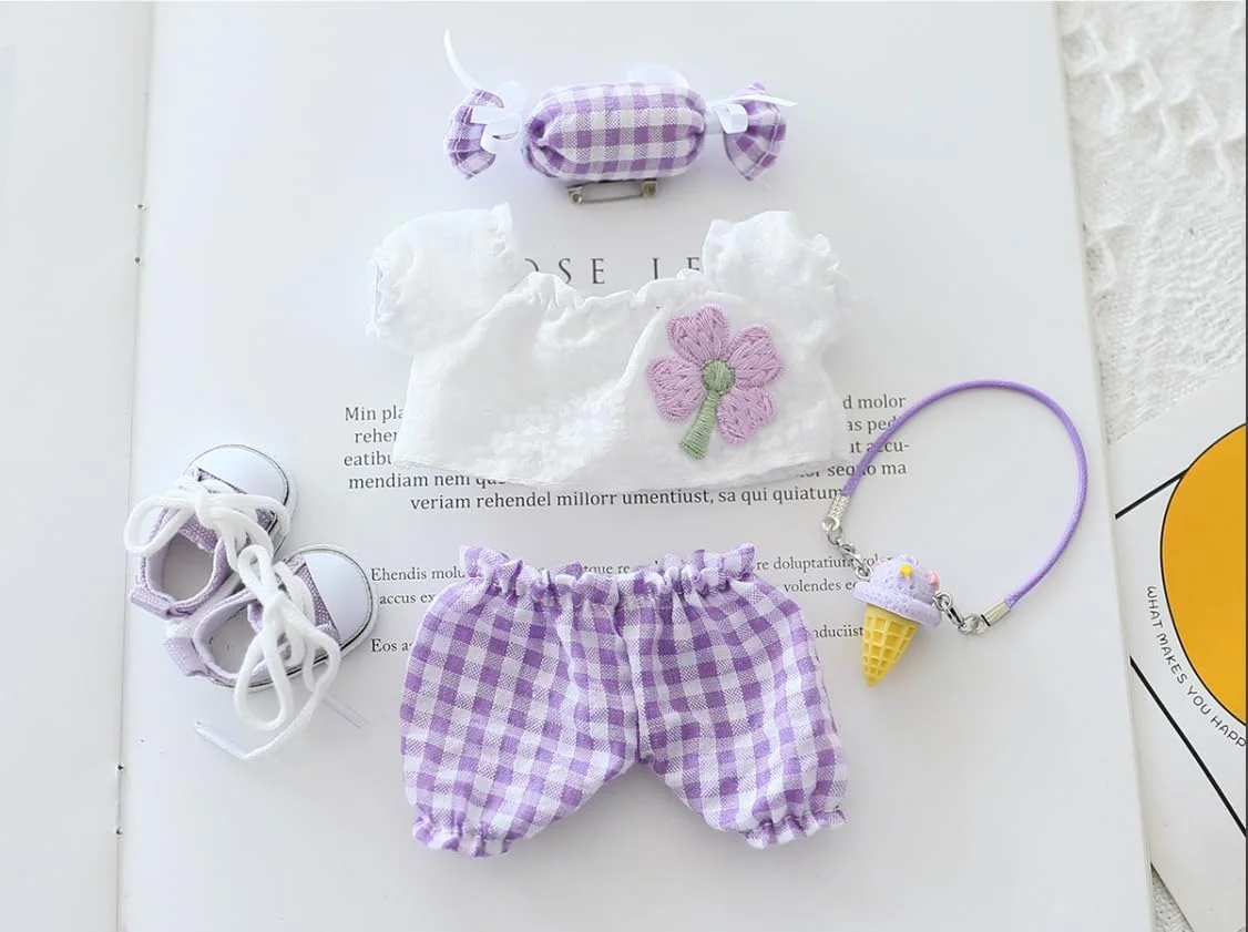 ست لباس تابستانی 5 تکه برای عروسک های لابوبو (15 و 17 سانتی متر) - لباس بنفش با طرح آب نبات شبدر چهار برگ، لباس و لوازم جانبی جایگزین دوست داشتنی ست لباس تابستانی 5 تکه برای عروسک های لابوبو (15 و 17 سانتی متر) - لباس بنفش با طرح آب نبات شبدر چهار برگ، لباس و لوازم جانبی جایگزین دوست داشتنی