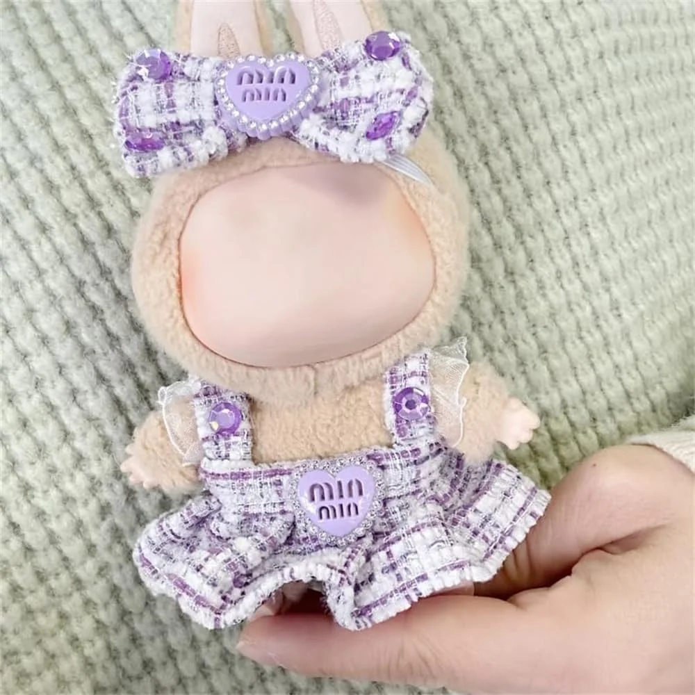 ست لباس عروسک AZONEE با استایل شیک و لوکس برای عروسک های Labubu 17 سانتی متری، لوازم جانبی عروسک های 17 سانتی متری با کیفیت بالا برای Labubu، لوازم جانبی لباس، طناب مو + دامن، بدون عروسک (بنفش)