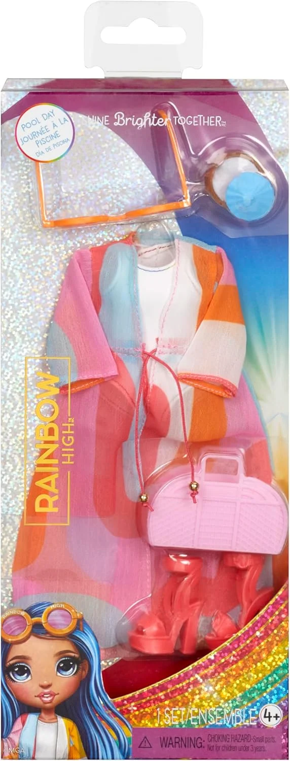 بسته مد لباس Rainbow High، تم استخر شامل 1 لباس کامل استخر، کفش، جواهرات و لوازم جانبی بازی. ترکیب و مطابقت برای ایجاد تنوع سرگرم کننده. هدیه اسباب بازی برای کودکان 4 سال به بالا بسته مد لباس Rainbow High، تم استخر شامل 1 لباس کامل استخر، کفش، جواهرات و لوازم جانبی بازی. ترکیب و مطابقت برای ایجاد تنوع سرگرم کننده. هدیه اسباب بازی برای کودکان 4 سال به بالا