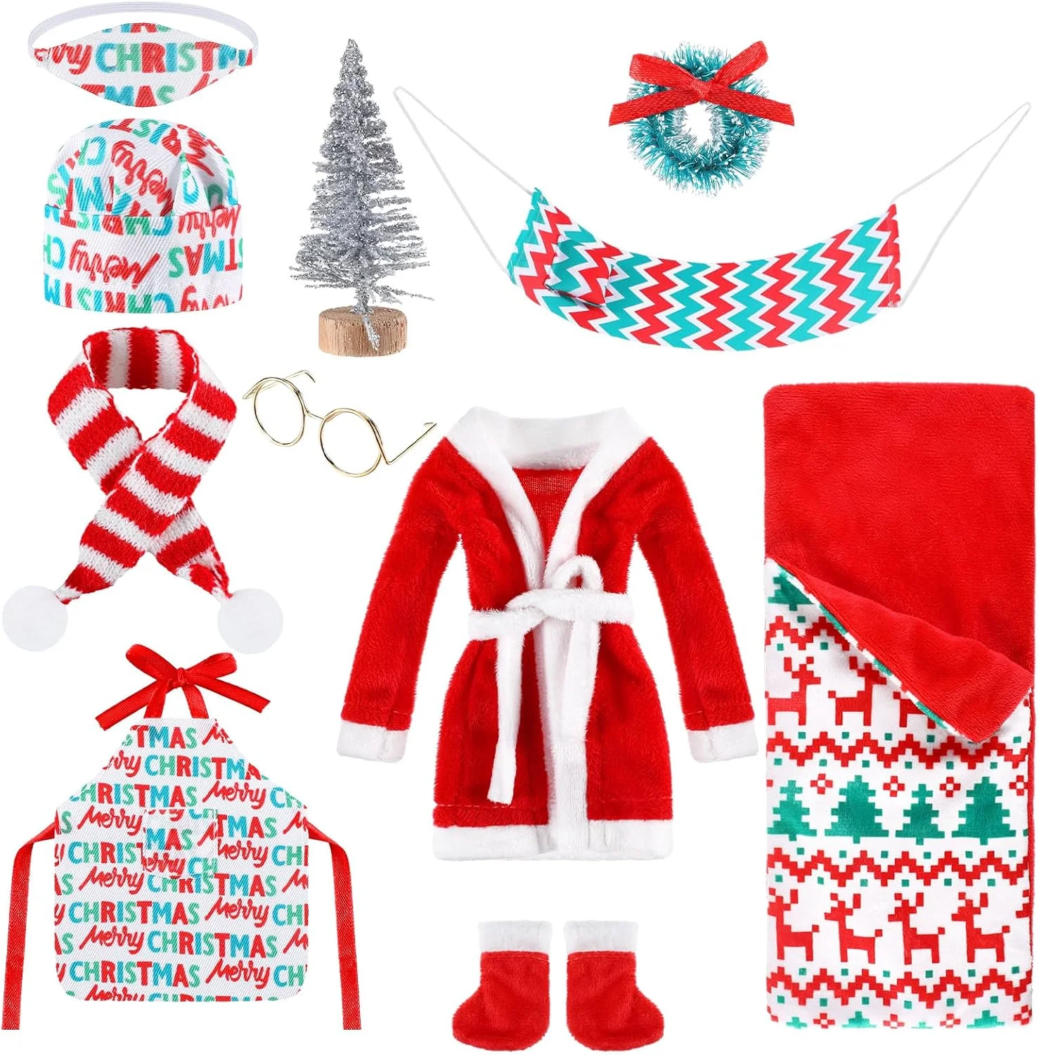 ست لباس و لوازم جانبی الف کریسمس بنکایلور شامل حوله حمام، کیسه خواب کریسمس، پیش بند، تخت آویز، کفش، شال گردن برای دکوراسیون جشن سال نو کریسمس (سبک زنده)