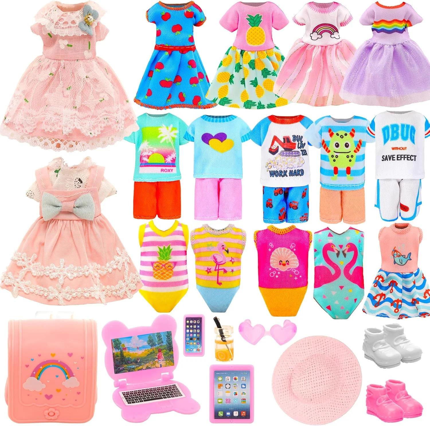 مجموعه 20 عددی لباس و لوازم جانبی عروسک ENOCHT، شامل 5 لباس مجلسی، 3 دست لباس، تاپ و شلوار، 3 لباس شنا با 2 کفش، 1 کوله پشتی، 1 لپ تاپ، 1 تبلت، 1 عینک، 1 نوشیدنی، 1 کلاه برای عروسک های 5.3 تا 6 اینچی