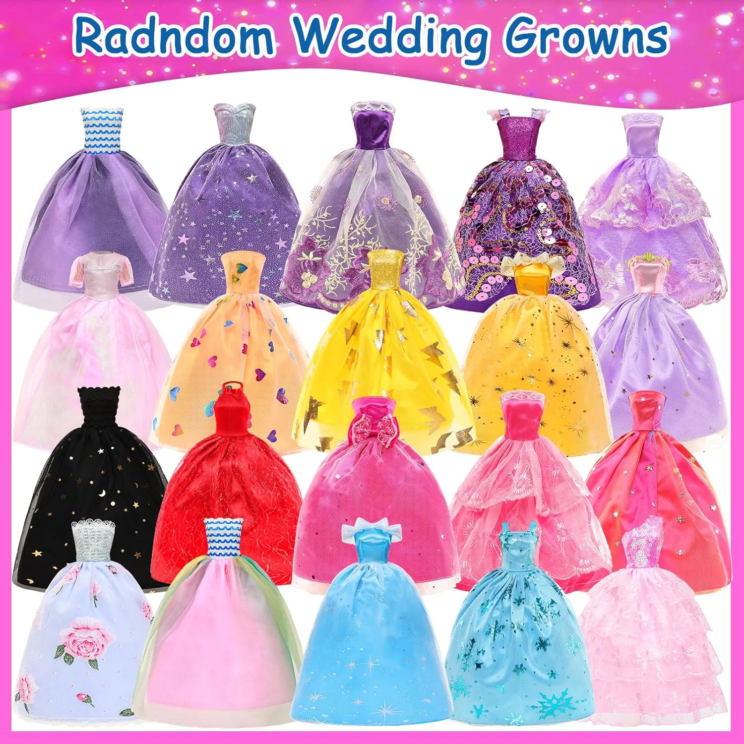 باروا بسته 36 عددی لباس و لوازم جانبی عروسک، شامل 5 عدد لباس مجلسی، 5 عدد تاپ، 5 عدد شلوار، 3 عدد لباس عروس، 3 ست مایو بیکینی، 10 عدد چوب لباسی و 10 جفت کفش برای عروسک 11.5 اینچی، چند رنگ، SKU20502