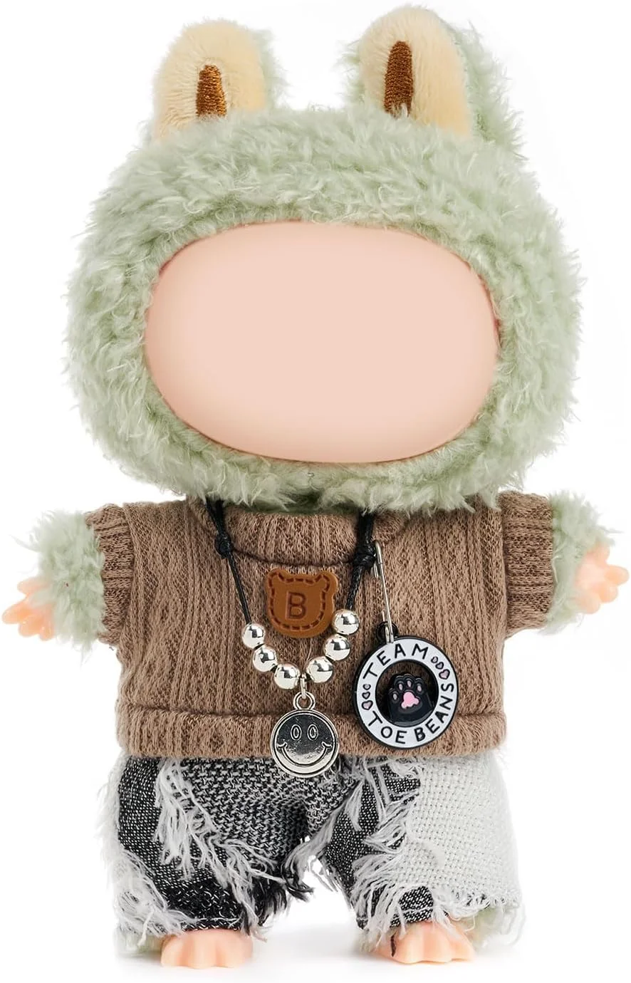 ست لباس عروسک 17 سانتی‌متری مناسب لابوبو، لباس عروسک، ست 3 تکه لباس عروسک، لباس ممتاز با لوازم جانبی شامل ژاکت، شلوار جین، گردنبند (عروسک شامل نمی‌شود)