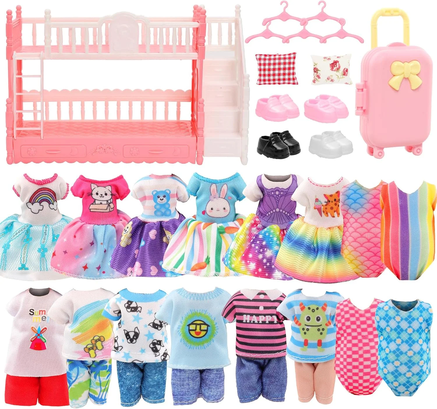 Miunana 24 تکه لباس و لوازم جانبی عروسک شامل 3 لباس پرنسسی، 3 ست تاپ و شلوار، 2 لباس شنا، 4 کفش، تخت دو طبقه کوچک خانه عروسکی، چمدان مسافرتی با 2 بالش، 5 چوب لباسی برای عروسک های 5.3 اینچی Miunana 24 تکه لباس و لوازم جانبی عروسک شامل 3 لباس پرنسسی، 3 ست تاپ و شلوار، 2 لباس شنا، 4 کفش، تخت دو طبقه کوچک خانه عروسکی، چمدان مسافرتی با 2 بالش، 5 چوب لباسی برای عروسک های 5.3 اینچی