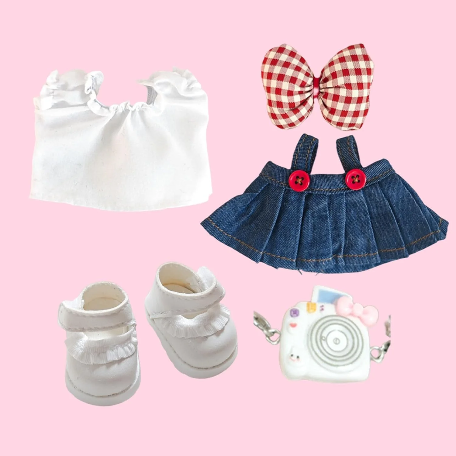 لباس های LOVACA برای عروسک لابوبو 17 سانتی متری، ست لباس 5 تکه شامل کلاه، پیراهن، شلوار، کفش، لوازم جانبی، شامل عینک، گیره مو و دوربین، عروسک شامل نمی شود، برای دوستداران و کلکسیونرهای عروسک (ست قرمز)