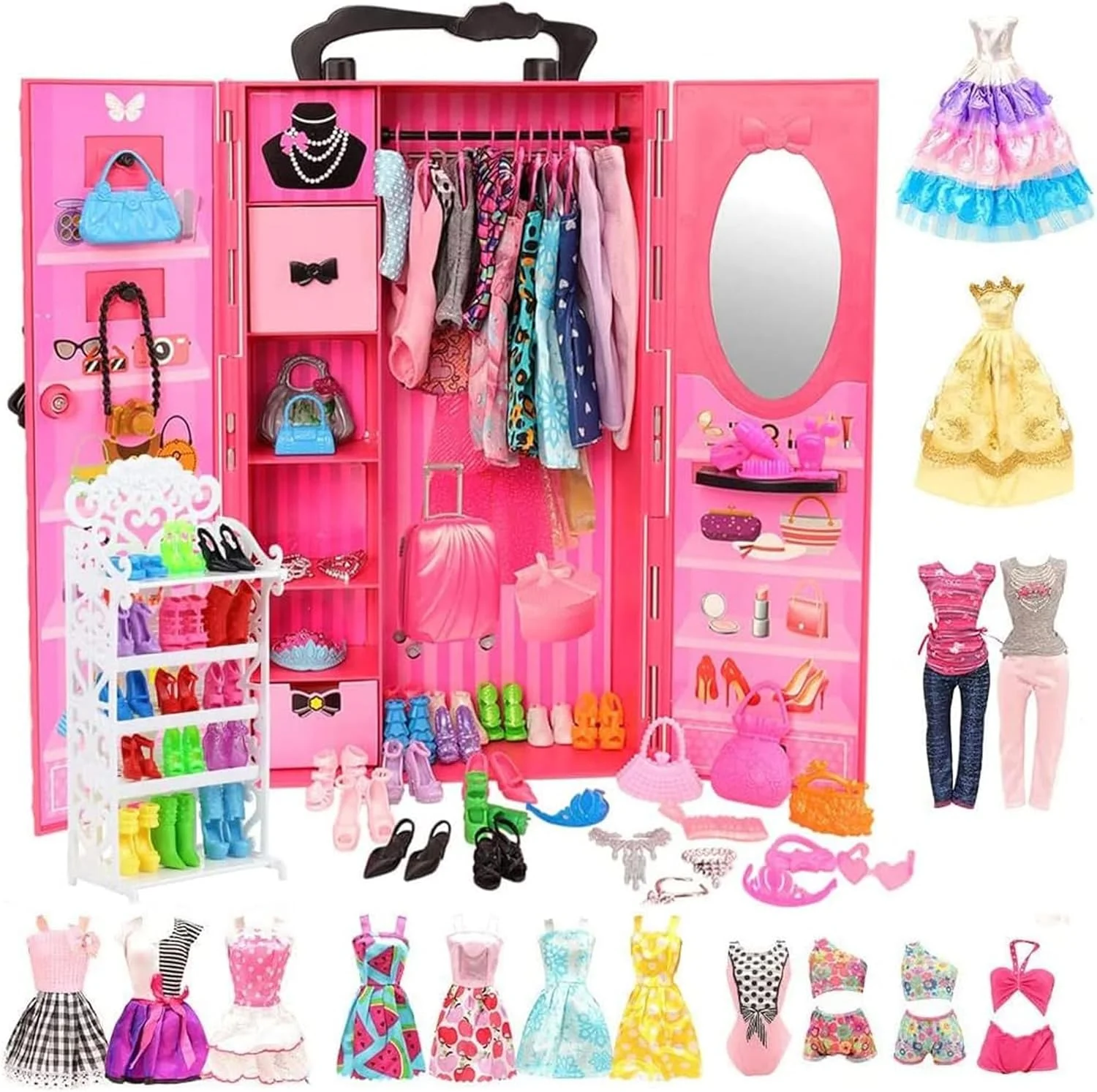 80 تکه لباس عروسک، لوازم جانبی کمد لباس، جاکفشی، لباس های مد روز، ست لباس (مناسب عروسک های 11.5 اینچی) 80 تکه لباس عروسک، لوازم جانبی کمد لباس، جاکفشی، لباس های مد روز، ست لباس (مناسب عروسک های 11.5 اینچی)