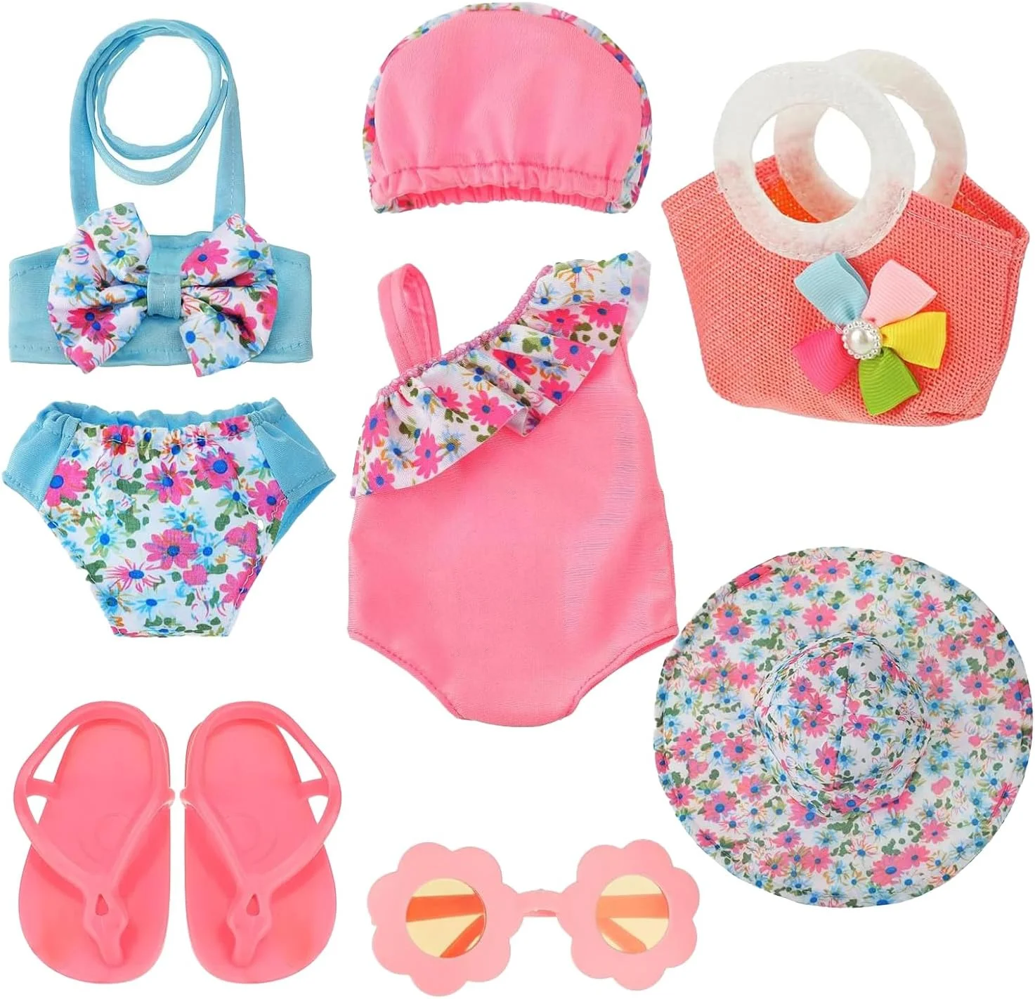 مایو عروسکی 8 تکه Masroo، لباس و لوازم جانبی عروسک 18 اینچی، لباس، صندل لاانگشتی، کلاه، ست لباس شنا، لوازم جانبی مایو برای عروسک 18 اینچی