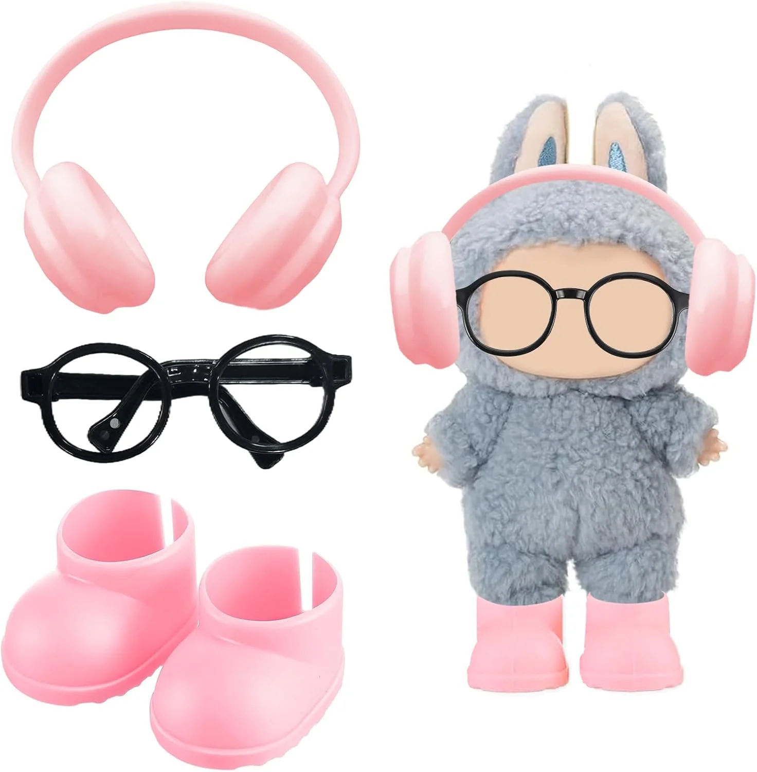 BananaHome ست 3 تکه لوازم جانبی عروسک 17 سانتی متری شامل عینک، هدفون و کفش برای عروسک، لوازم جانبی لباس برای عروسک 17 سانتی متری (صورتی)