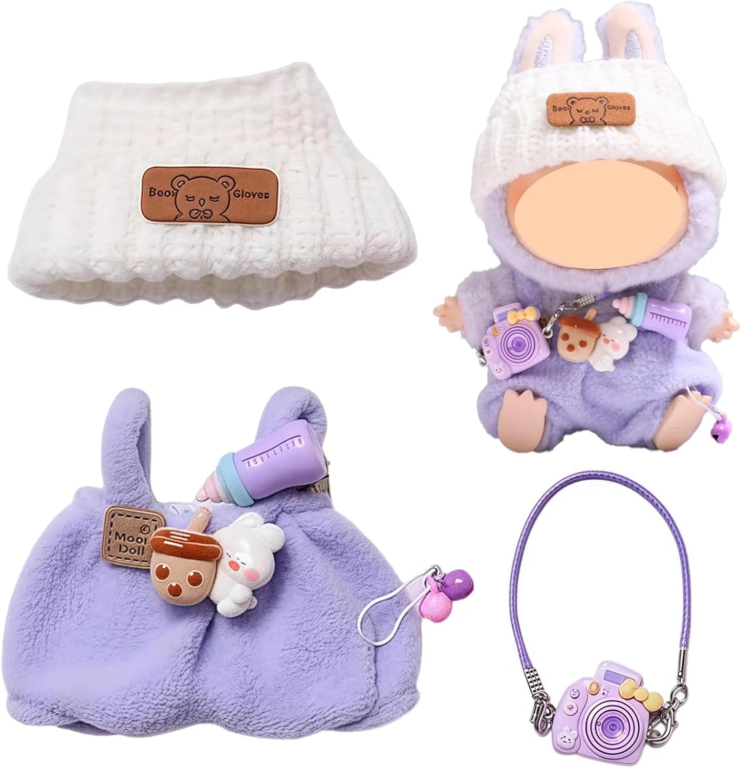 ست لباس عروسک 17 سانتی متری - لباس زمستانی بنفش با کلاه بافتنی، دوربین، آویز، شیشه شیر و لوازم جانبی شیرین (عروسک شامل نمی شود)