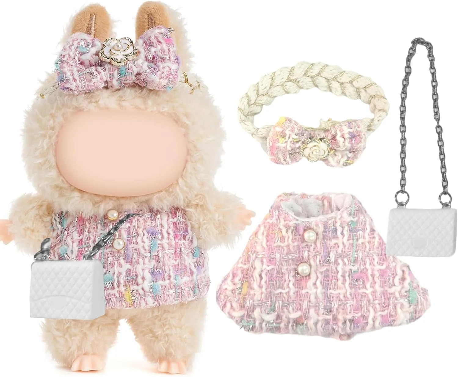 BananaHome ست 3 تکه لباس عروسک 17 سانتی متری، لباس های مد روز، لوازم جانبی نفیس و زیبا برای مجموعه عروسک، لوازم جانبی شیک و دوست داشتنی لباس عروسک شامل 1 لباس + 1 کیف + 1 هدبند (صورتی)