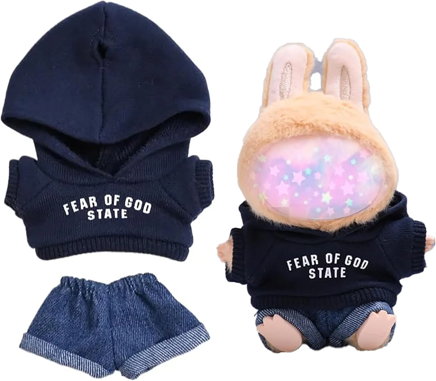 ست لباس KASTWAVE برای عروسک لابوبو، هودی مشکی و شلوار جین 2 تکه، استایل غیررسمی و جذاب برای عروسک های 17 سانتی متری (عروسک شامل نمی شود)