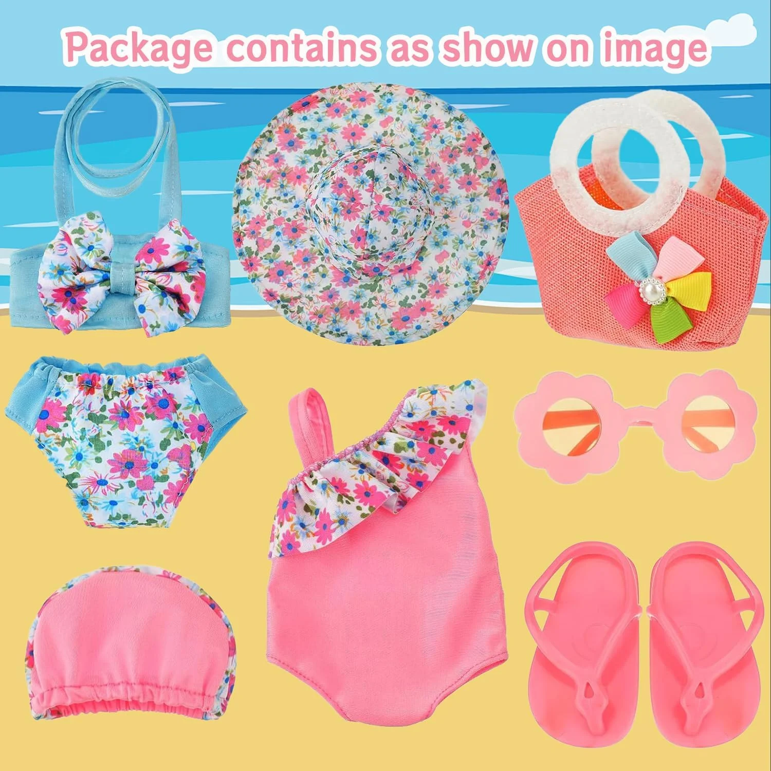 مایو عروسکی 8 تکه Masroo، لباس و لوازم جانبی عروسک 18 اینچی، لباس، صندل لاانگشتی، کلاه، ست لباس شنا، لوازم جانبی مایو برای عروسک 18 اینچی