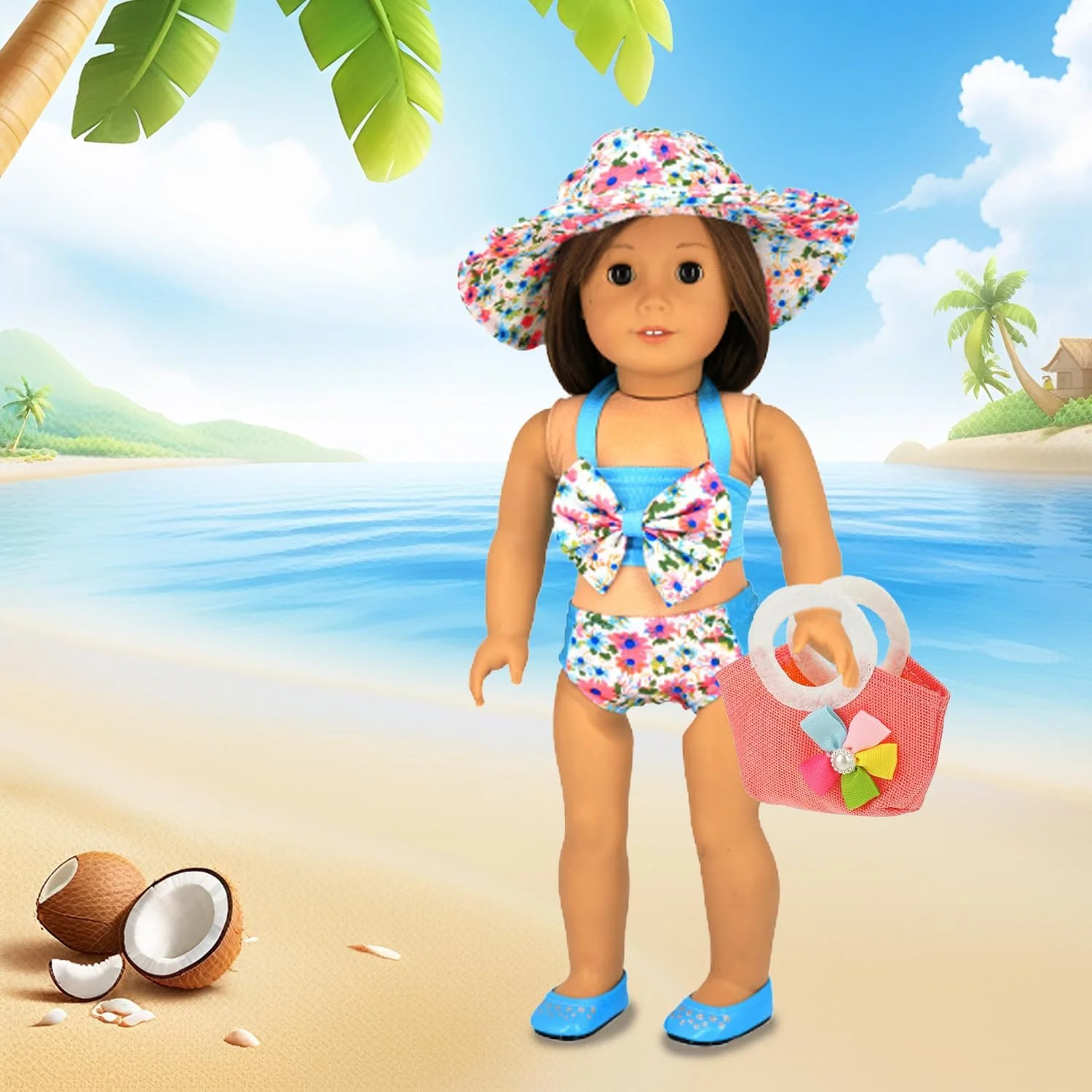مایو عروسکی 8 تکه Masroo، لباس و لوازم جانبی عروسک 18 اینچی، لباس، صندل لاانگشتی، کلاه، ست لباس شنا، لوازم جانبی مایو برای عروسک 18 اینچی