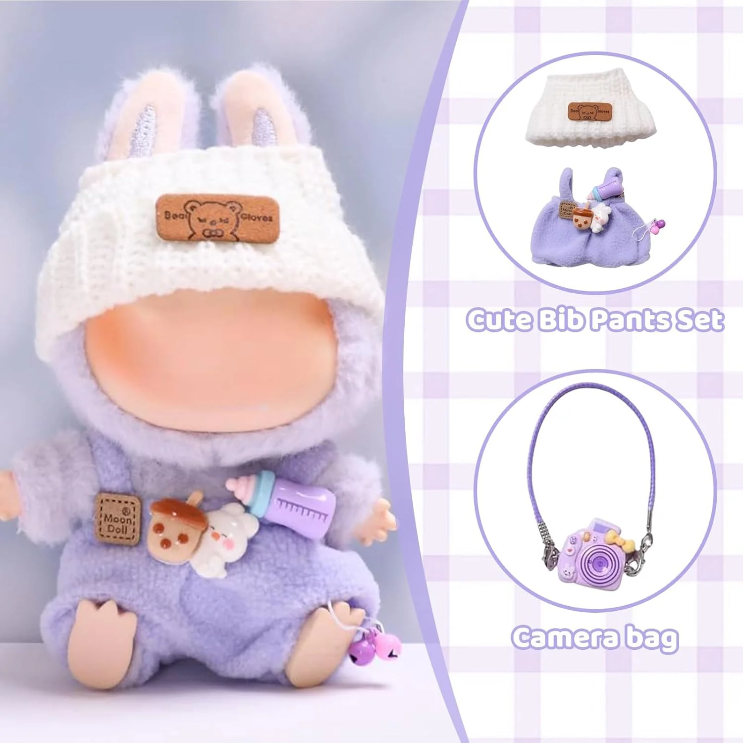 ست لباس عروسک 17 سانتی متری - لباس زمستانی بنفش با کلاه بافتنی، دوربین، آویز، شیشه شیر و لوازم جانبی شیرین (عروسک شامل نمی شود)