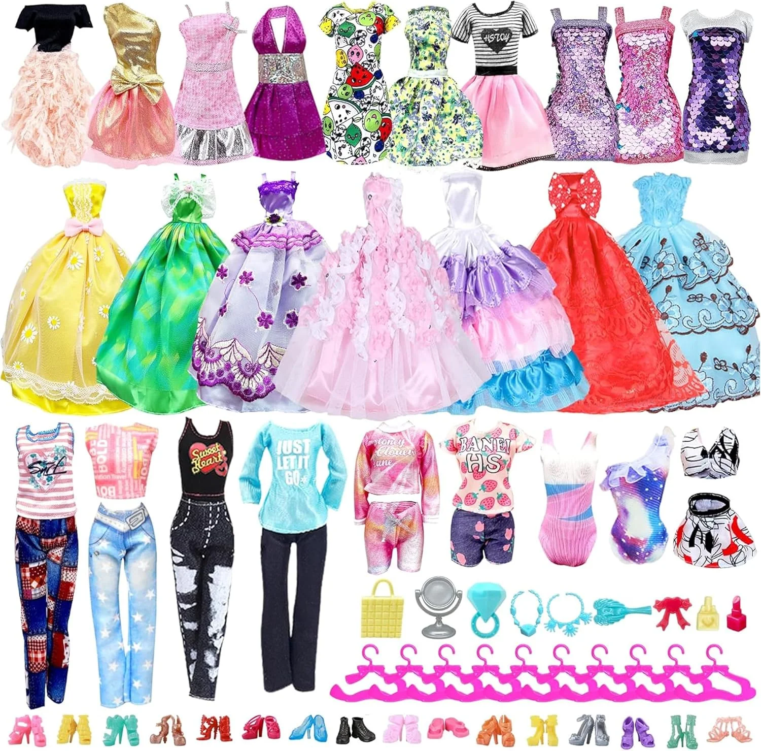 لباس و لوازم جانبی عروسک Sulfar مدل 45 تکه مناسب برای عروسک های 11.5 اینچی، شامل 3 عدد لباس مجلسی پرنسسی، 3 عدد مایو، 3 عدد لباس براق، 7 عدد لباس و پوشاک مد روز، 10 عدد چوب لباسی، هدیه ای برای دختران و کودکان