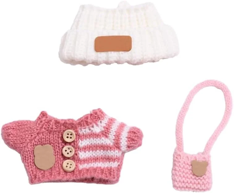 لباس برای لابوبو (بدون عروسک)، ست 3 تکه قلاب بافی دست ساز برای عروسک 17 سانتی متری، لباس لابوبو ممتاز با لوازم جانبی، لباس شیک لابوبو برای عروسک (صورتی)