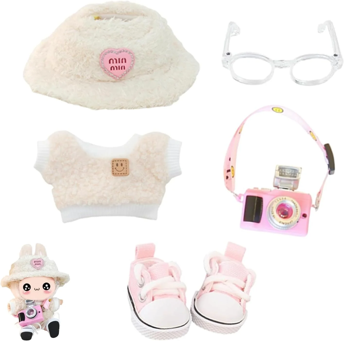ست لباس عروسک 5 تکه لوازم جانبی عروسک (بدون عروسک)، ست لباس کاوایی زیبا برای عروسک 15 سانتی متری 17 سانتی متری، ست لباس جایگزین لباس عروسک با کلاه عینک ژاکت کفش (B)
