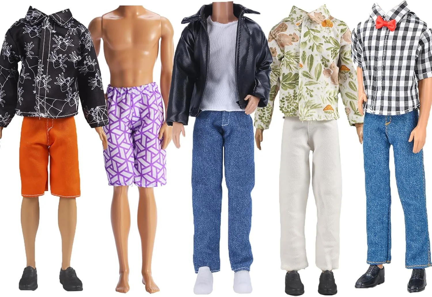 بسته فوق العاده 10 تکه IMAGINE = 5 ست لباس مد روز غیر رسمی برای عروسک پسرانه 12 اینچی، سبک تصادفی (کت چرمی + لباس غیر رسمی + لباس شنا)