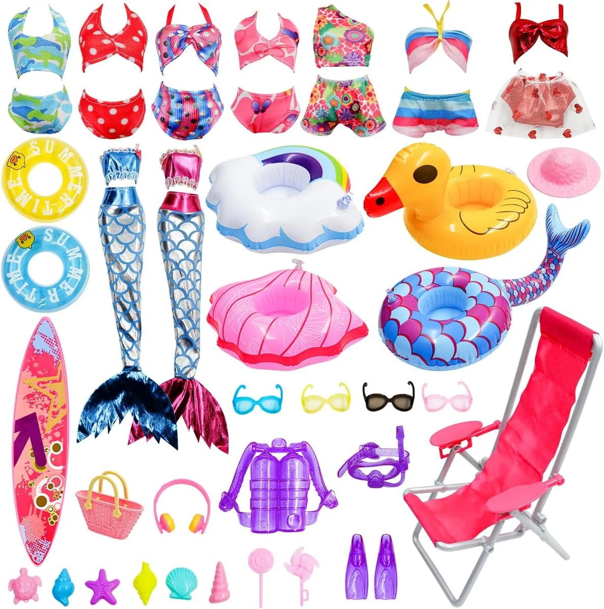 لوازم جانبی لباس عروسک CAILESS - مجموعه لباس شنای عروسکی 36 تکه برای عروسک 11.5 اینچی شامل بیکینی، لباس شنای پری دریایی، تخته موج سواری، صندلی ساحلی، حلقه شنا و لوازم جانبی ساحل