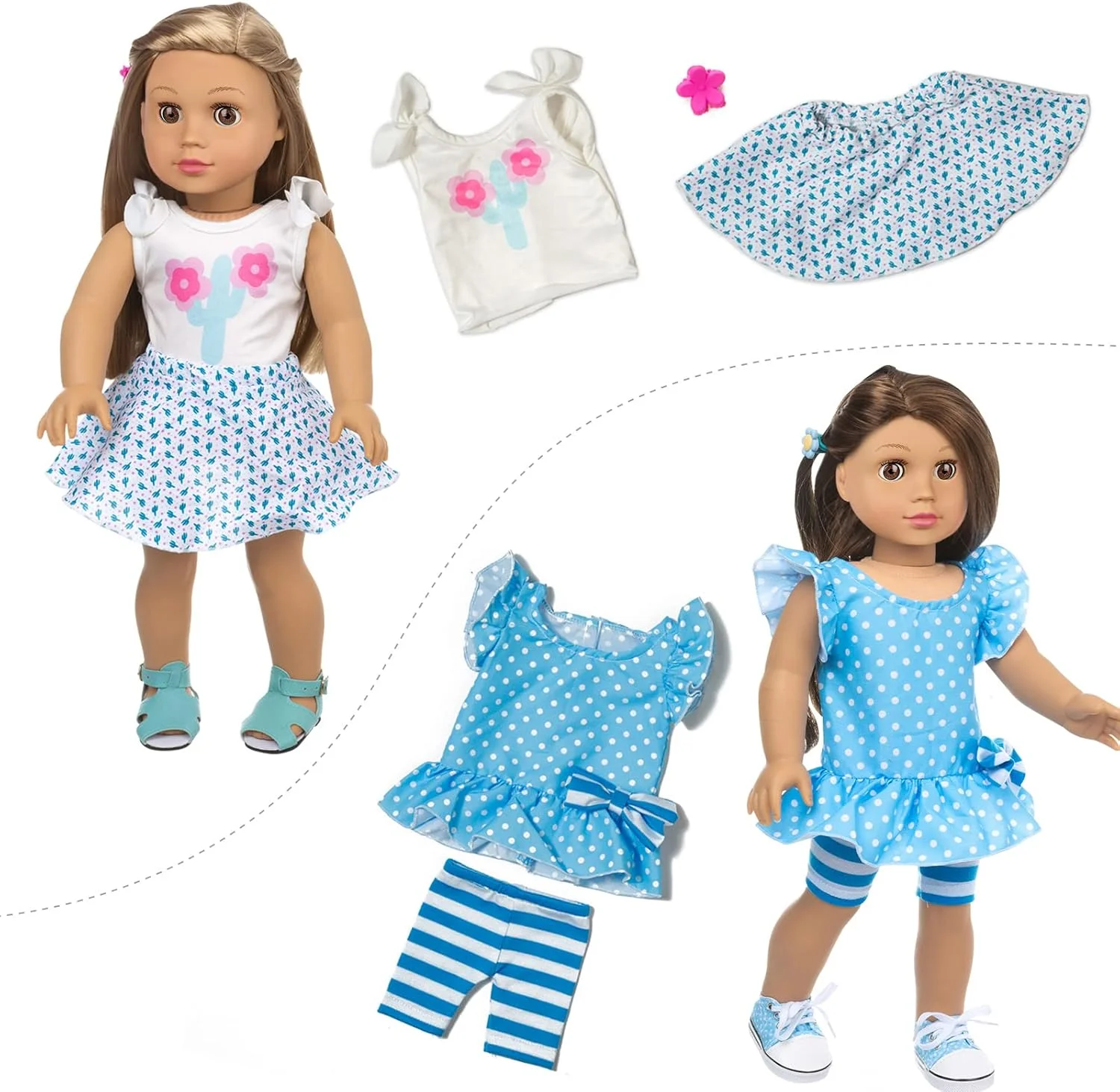 ZQDOLL 23 تکه لباس و لوازم جانبی عروسک آمریکایی مناسب برای عروسک های دخترانه 18 اینچی آمریکایی - شامل 10 ست کامل لباس، لوازم جانبی عروسک با کش مو و گیره مو