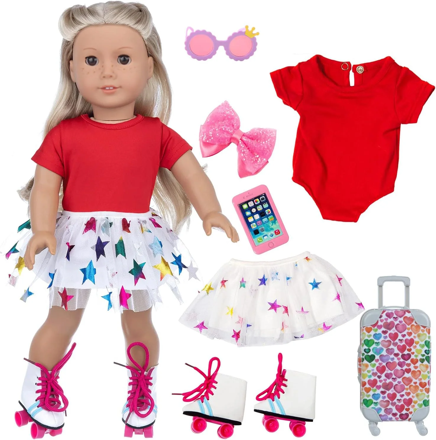 ست اسباب بازی اسکیت و سفر برای عروسک دخترانه 18 اینچی Masroo - 7 تکه لوازم جانبی فضای باز (عروسک شامل نمی شود)