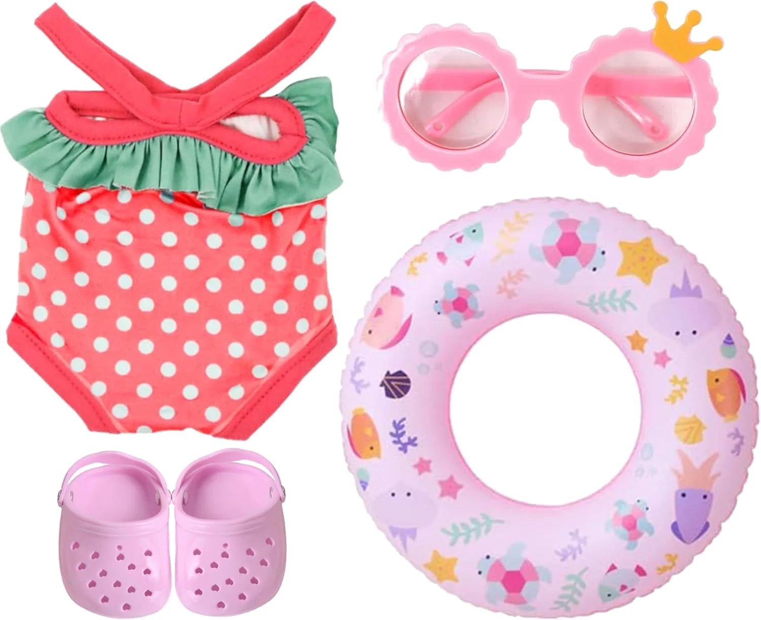ست شنا 4 تکه نوزاد، ست شنا برای عروسک ها، شامل حلقه شنا، عینک آفتابی، مایو و دمپایی، لوازم جانبی صورتی نوزاد برای عروسک های 43 سانتی متری
