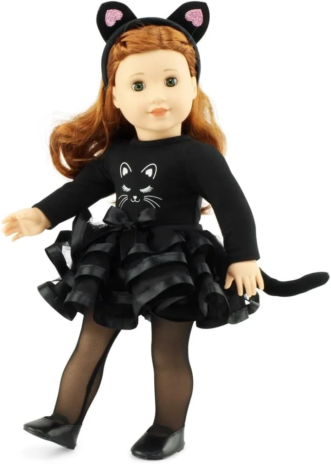لباس عروسک 18 اینچی امیلی رز، لباس گربه سیاه 5 تکه جدید و بهبود یافته، شامل کفش و لوازم جانبی هدبند | لباس هالووین عالی برای عروسک های 18 اینچی | شرکت آمریکایی